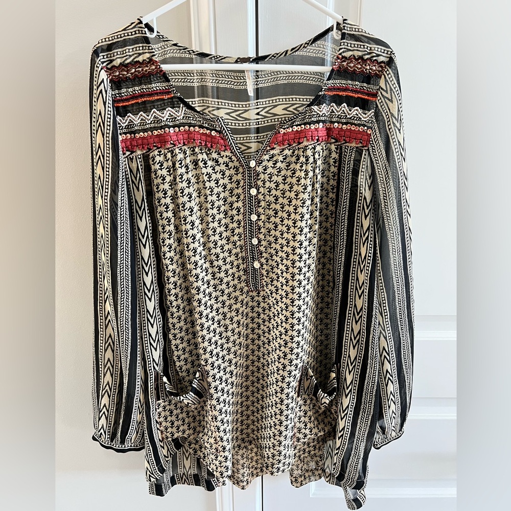 Free Prople Sheer Long-Sleeve Tunic with Bead Detail- Gently Worn Medium